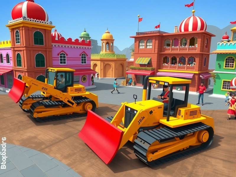 Bhangra Bulldozers gameplay screenshot showing colorful Indian city environment